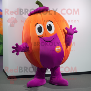 Magenta Pumpkin mascot costume character dressed with a Vest and Gloves