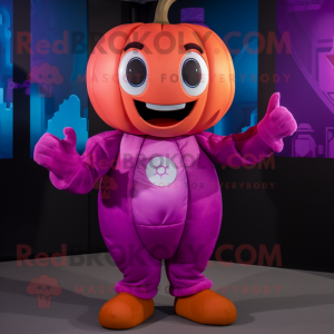 Magenta Pumpkin mascot costume character dressed with a Vest and Gloves