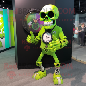 Lime Green Skull mascot costume character dressed with a Romper and Bracelet watches