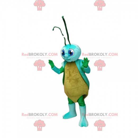 Mascote da cigarra amarela e azul. Traje de cigarra -