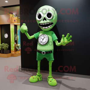 Lime Green Skull mascot costume character dressed with a Romper and Bracelet watches