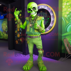 Lime Green Skull mascot costume character dressed with a Romper and Bracelet watches