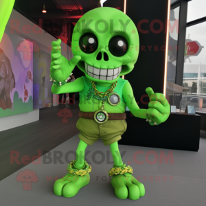 Lime Green Skull mascot costume character dressed with a Romper and Bracelet watches