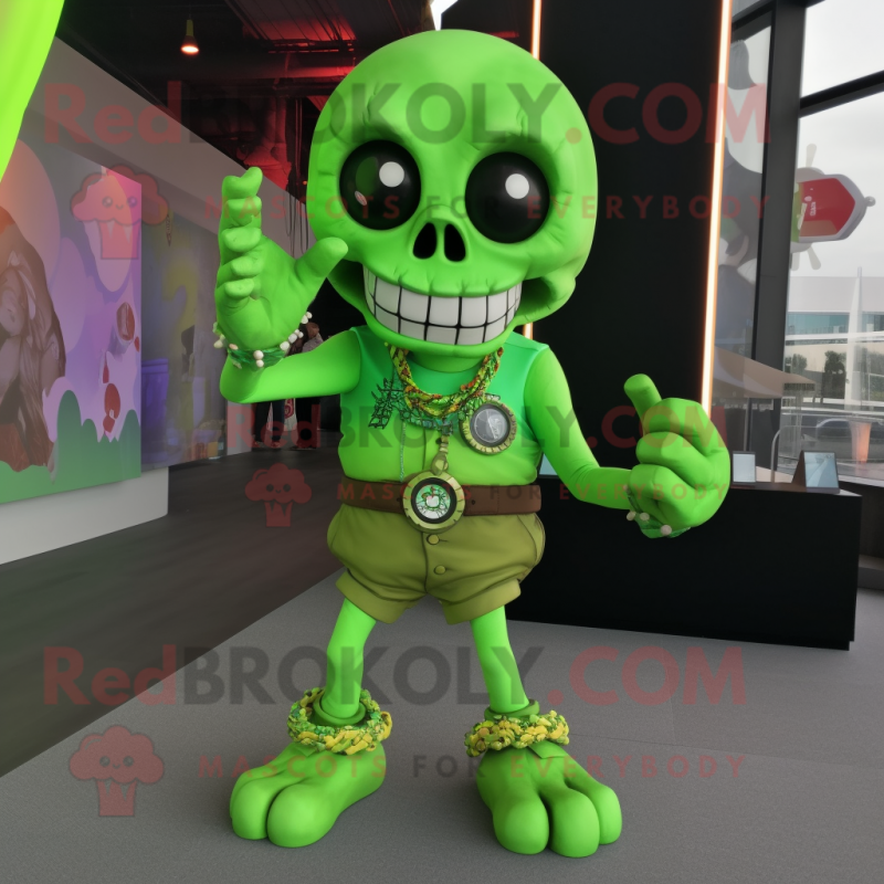 Lime Green Skull mascot costume character dressed with a Romper and Bracelet watches Lime Green Skull mascot costume character dressed with a Romper and Bracelet watches
