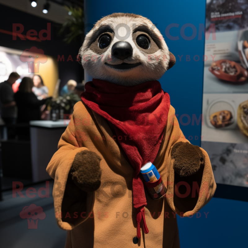 Brown Meerkat mascot costume character dressed with a Jacket and Shawls