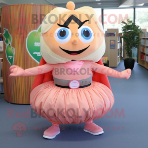 Peach Superhero mascot costume character dressed with a Pleated Skirt and Backpacks