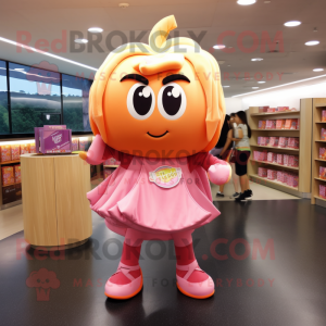 Peach Superhero mascot costume character dressed with a Pleated Skirt and Backpacks