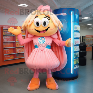 Peach Superhero mascot costume character dressed with a Pleated Skirt and Backpacks