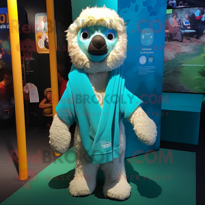 Turquoise Alpaca mascot costume character dressed with a Romper and Wraps