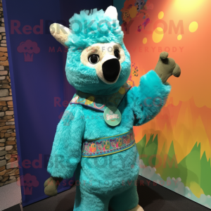 Turquoise Alpaca mascot costume character dressed with a Romper and Wraps