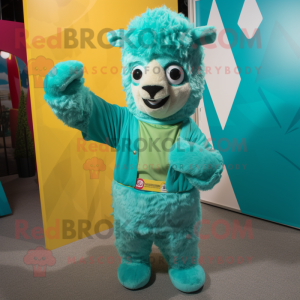 Turquoise Alpaca mascot costume character dressed with a Romper and Wraps