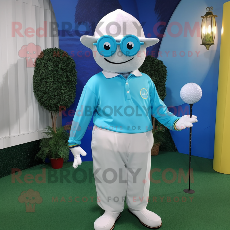 Cyan Golf Ball mascot costume character dressed with a Overalls and Eyeglasses