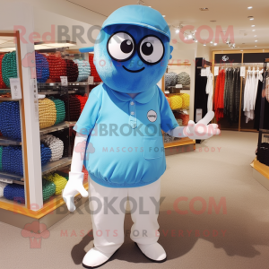 Cyan Golf Ball mascot costume character dressed with a Overalls and Eyeglasses