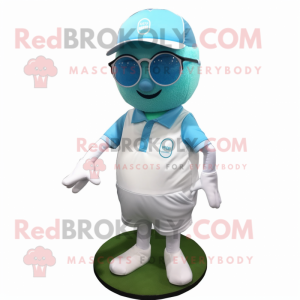 Cyan Golf Ball mascot costume character dressed with a Overalls and Eyeglasses