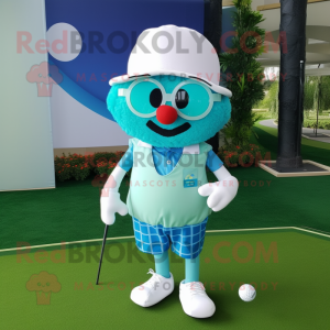 Cyan Golf Ball mascot costume character dressed with a Overalls and Eyeglasses