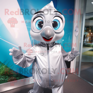 Silver Aglet mascot costume character dressed with a Windbreaker and Earrings