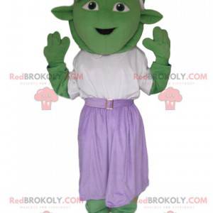 Groen wezen mascotte met een paarse rok - Redbrokoly.com