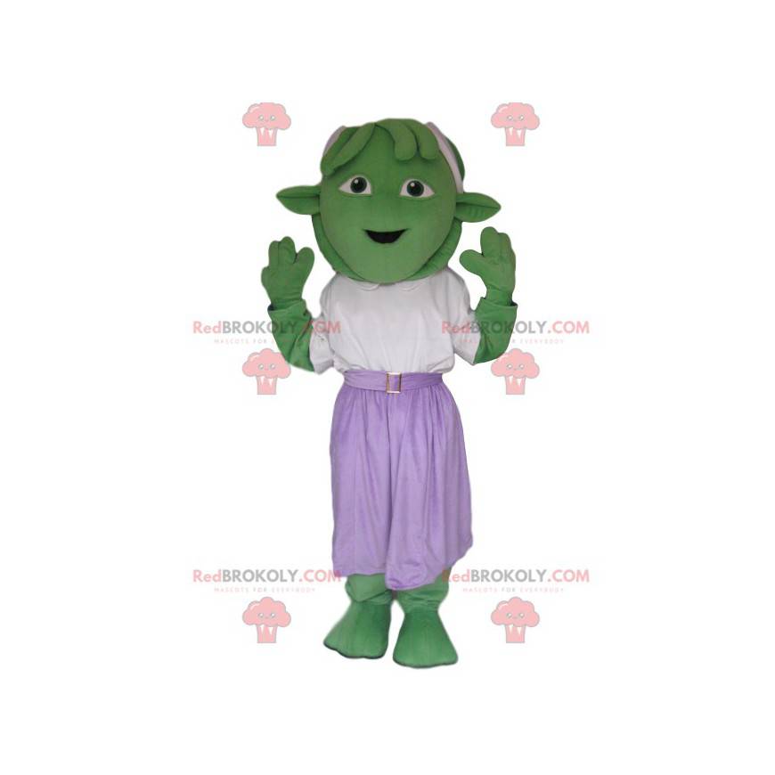 Green creature mascot with a purple skirt - Redbrokoly.com