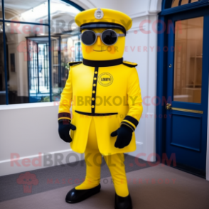 Lemon Yellow British Royal Guard mascot costume character dressed with a Suit and Sunglasses