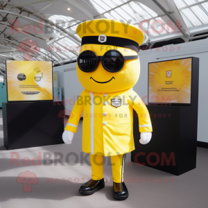 Lemon Yellow British Royal Guard mascot costume character dressed with a Suit and Sunglasses