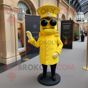 Lemon Yellow British Royal Guard mascot costume character dressed with a Suit and Sunglasses