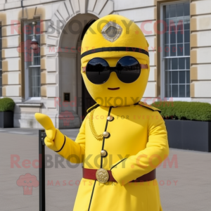 Lemon Yellow British Royal Guard mascot costume character dressed with a Suit and Sunglasses