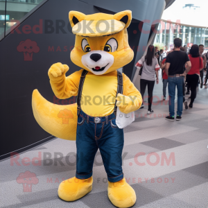 Yellow Marten mascot costume character dressed with a Jeans and Headbands