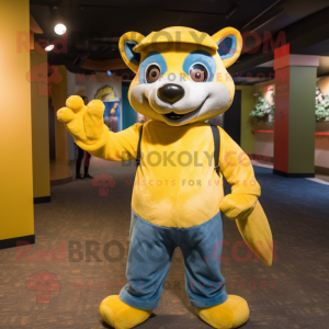Yellow Marten mascot costume character dressed with a Jeans and Headbands