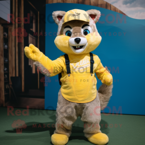 Yellow Marten mascot costume character dressed with a Jeans and Headbands