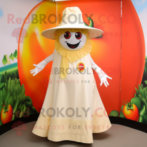 Cream Tomato mascot costume character dressed with a Maxi Skirt and Hats