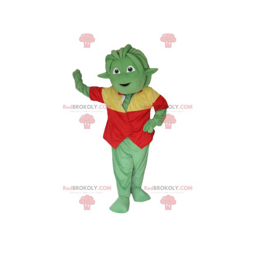 Grön varelse maskot med en röd och gul väst - Redbrokoly.com