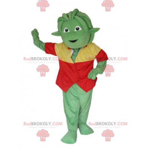 Green creature mascot with a red and yellow vest -