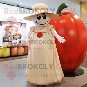 Cream Tomato mascot costume character dressed with a Maxi Skirt and Hats