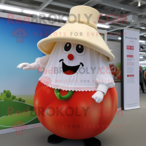 Cream Tomato mascot costume character dressed with a Maxi Skirt and Hats