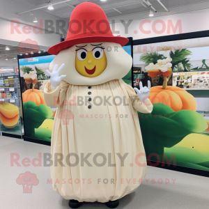 Cream Tomato mascot costume character dressed with a Maxi Skirt and Hats