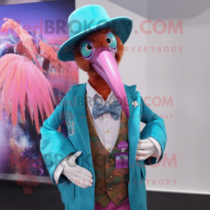 Turquoise Flamingo mascot costume character dressed with a Waistcoat and Hat pins