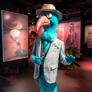 Turquoise Flamingo mascot costume character dressed with a Waistcoat and Hat pins