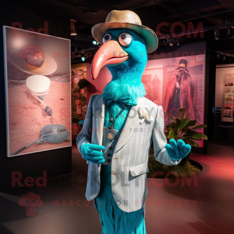 Turquoise Flamingo mascot costume character dressed with a Waistcoat and Hat pins Turquoise Flamingo mascot costume character dressed with a Waistcoat and Hat pins