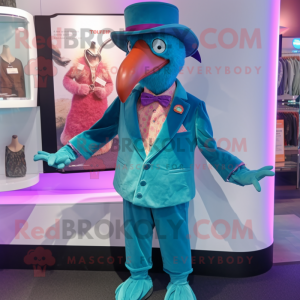 Turquoise Flamingo mascot costume character dressed with a Waistcoat and Hat pins