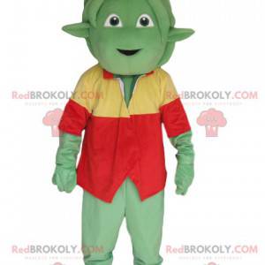 Green creature mascot with a red and yellow vest -