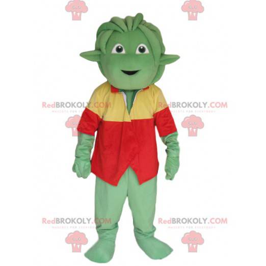 Green creature mascot with a red and yellow vest -