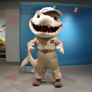 Beige Shark mascot costume character dressed with a Overalls and Belts