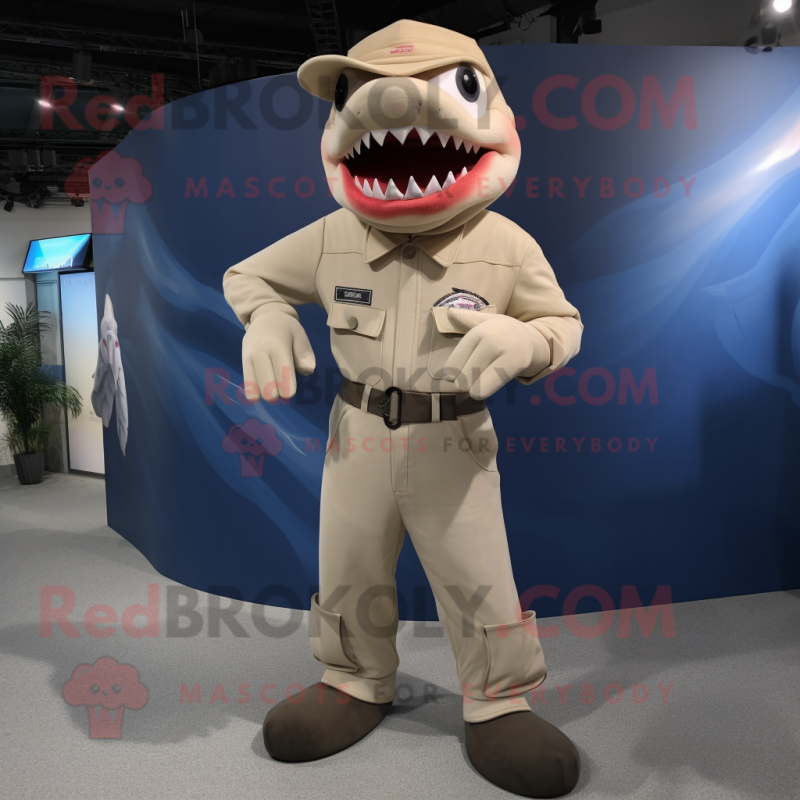 Beige Shark mascot costume character dressed with a Overalls and Belts