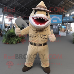 Beige Shark mascot costume character dressed with a Overalls and Belts