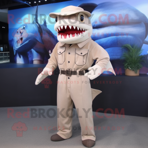 Beige Shark mascot costume character dressed with a Overalls and Belts