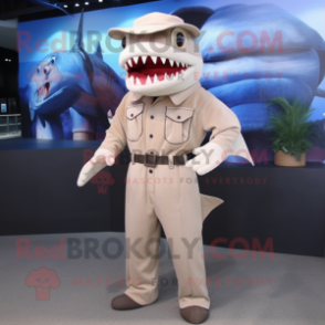 Beige Shark mascot costume character dressed with a Overalls and Belts