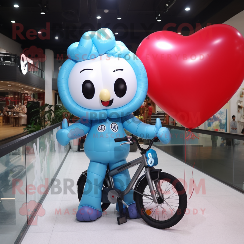 Sky Blue Heart Shaped Balloons mascot costume character dressed with a Moto Jacket and Hairpins Sky Blue Heart Shaped Balloons mascot costume character dressed with a Moto Jacket and Hairpins