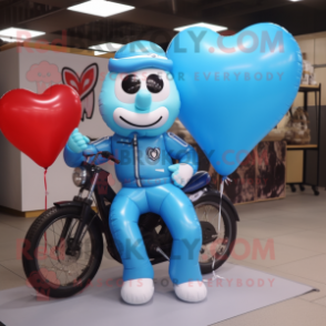 Sky Blue Heart Shaped Balloons mascot costume character dressed with a Moto Jacket and Hairpins