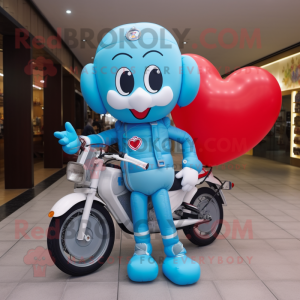Sky Blue Heart Shaped Balloons mascot costume character dressed with a Moto Jacket and Hairpins