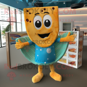 Cyan Grilled Cheese Sandwich mascot costume character dressed with a Swimwear and Shawl pins